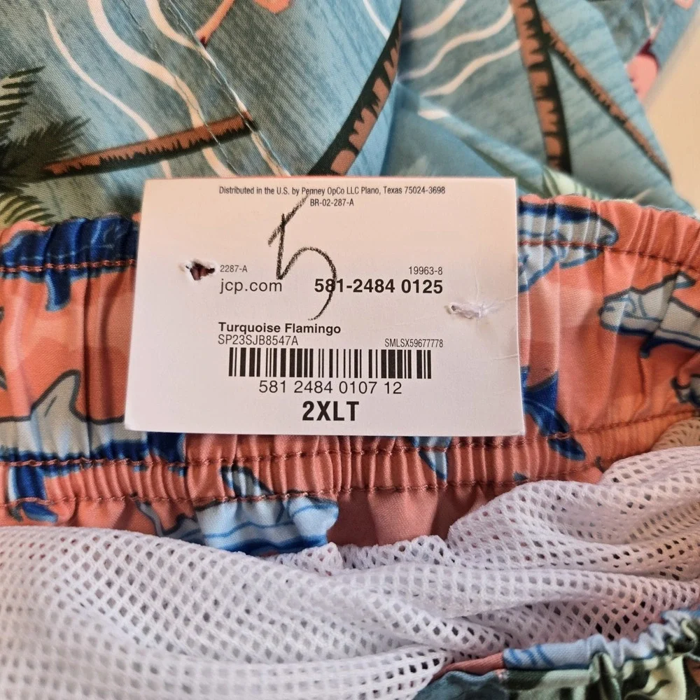 St. John's Bay Mens Above the Knee 2XLT Turquoise Flamingo Swimshorts‎